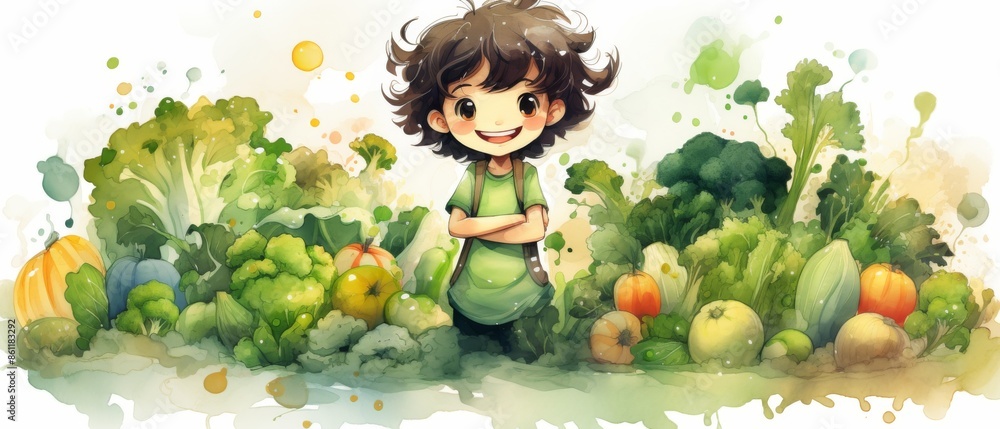 Fototapeta premium 002 Cartoon of children planting vegetables. Watercolor style. Generative AI