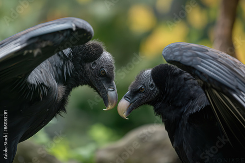 Two black vultures facing each other with open wings photo