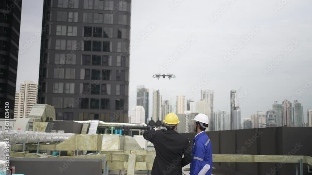 Engineers are checking cooling system at rooftop. Engineers are checking cooling system at rooftop.