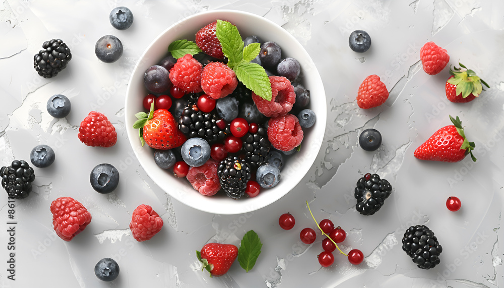 Different fresh ripe berries in bowl on light grey table, top view Different fresh ripe berries in bowl on light grey table, top view
