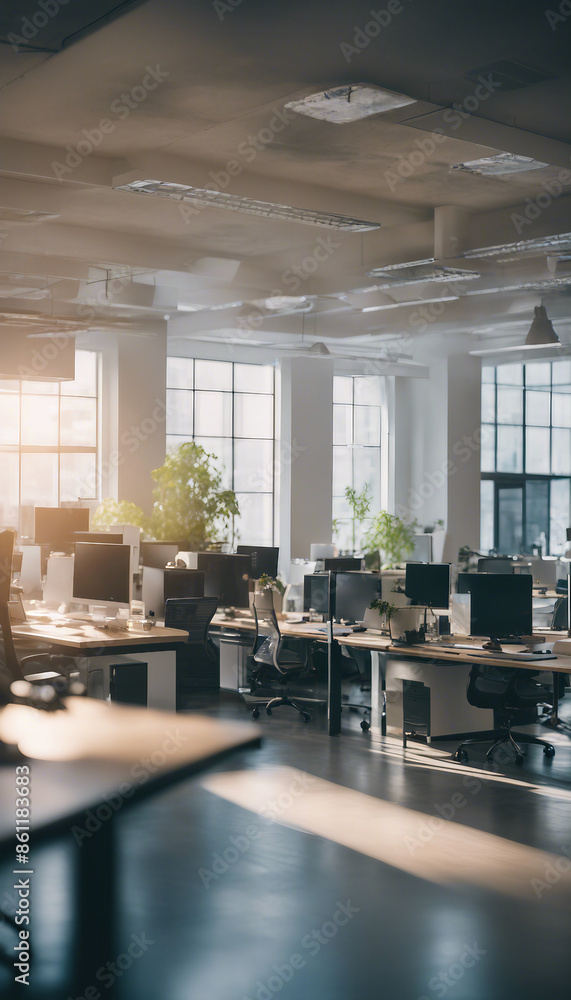 Vibrant open space office filled with natural light and bustling with productivity Vibrant open space office filled with natural light and bustling with productivity