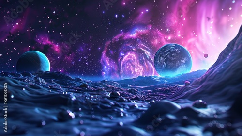 Fototapeta Naklejka Na Ścianę i Meble -  Stars, planets, fantasy landscapes of the future. Futuristic space sci-fi abstract background Sci-fi landscape with planets, neon lights, cool planets, 3D