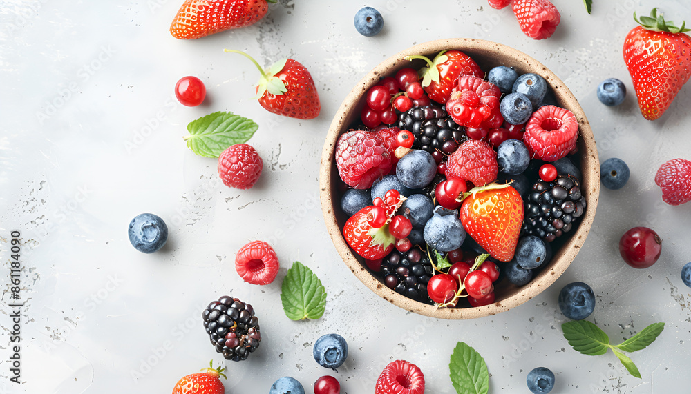 Different fresh ripe berries in bowl on light grey table, top view Different fresh ripe berries in bowl on light grey table, top view