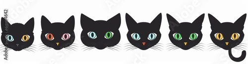 Set of black cats. Face heads. Blue, yellow, and green eyes. Cute cartoon baby. Fun kitten. Sticker print. Flat design. White background.