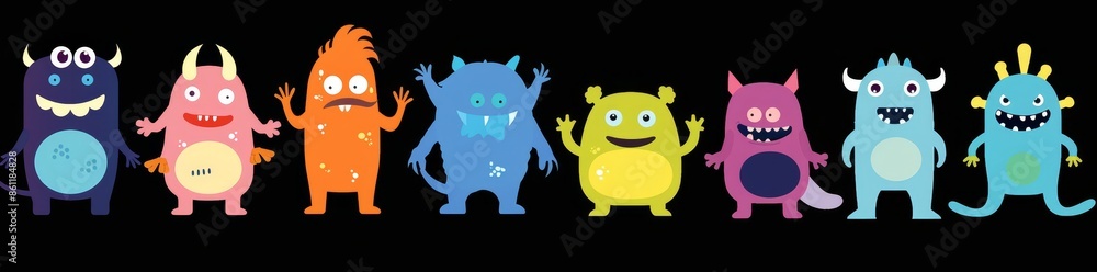 Naklejka premium The best monster set ever. Four colorful monsters silhouette head face icons. Eyes, tongues, tooth fangs, hands up. Cute cartoon baby character with black background. Flat design. Vector.