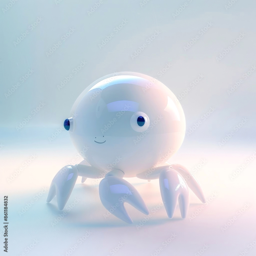 A glossy, futuristic crab-like robot with a charming smile and big, curious eyes A glossy, futuristic crab-like robot with a charming smile and big, curious eyes