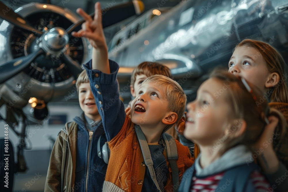 Fototapeta premium Curious Children Explore an Airplane at a Museum
