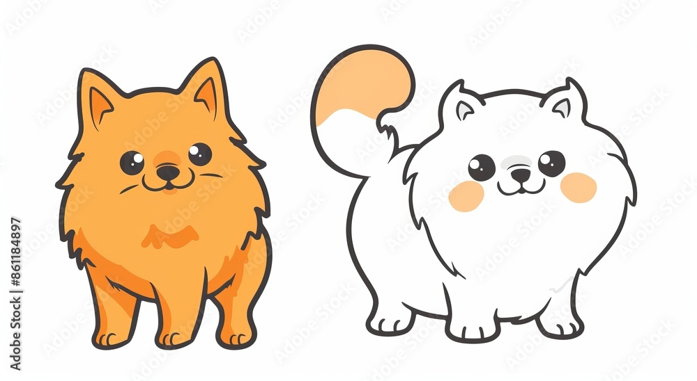An icon showing a sitting Pomeranian Spitz with outlines of the face and contours of the body. A cute kawaii cartoon character. A mockup of an icon illustrating a dog holding a bone. Adopt. A flat An icon showing a sitting Pomeranian Spitz with outlines of the face and contours of the body. A cute kawaii cartoon character. A mockup of an icon illustrating a dog holding a bone. Adopt. A flat