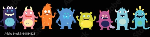 The best monster set ever. Four colorful monsters silhouette head face icons. Eyes, tongues, tooth fangs, hands up. Cute cartoon baby character with black background. Flat design. Vector.