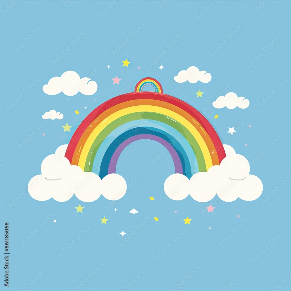 Icon of a rainbow with white clouds. Love is love. Colorful lines. Modern template. LGBT sign symbol. Childish style. A blue sky background. Modern illustration.