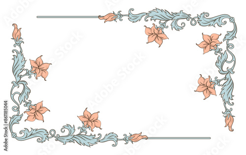 Vintage ornament frame in baroque victorian style with drawn fine lines detailed foliage and flowers.