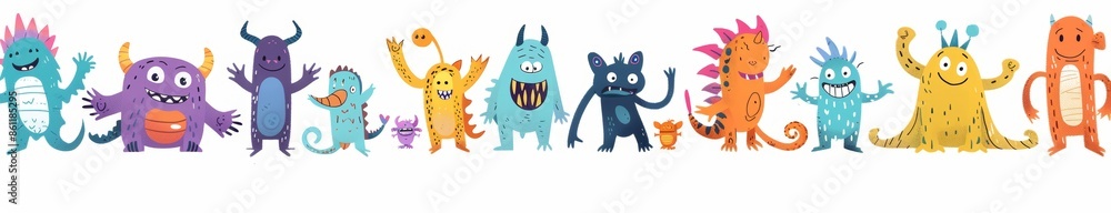 Fototapeta premium Super big monster icon set. Happy Halloween. Funny cartoon kawaii baby character with horns, teeth, tongues, hands and feet. Flat design. White background.
