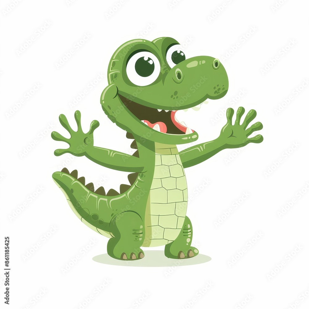 Obraz premium Cute cartoon kawaii funny baby character. Green animal. Side view. Childish print template for greeting card, sticker, poster. Flat design, white background.