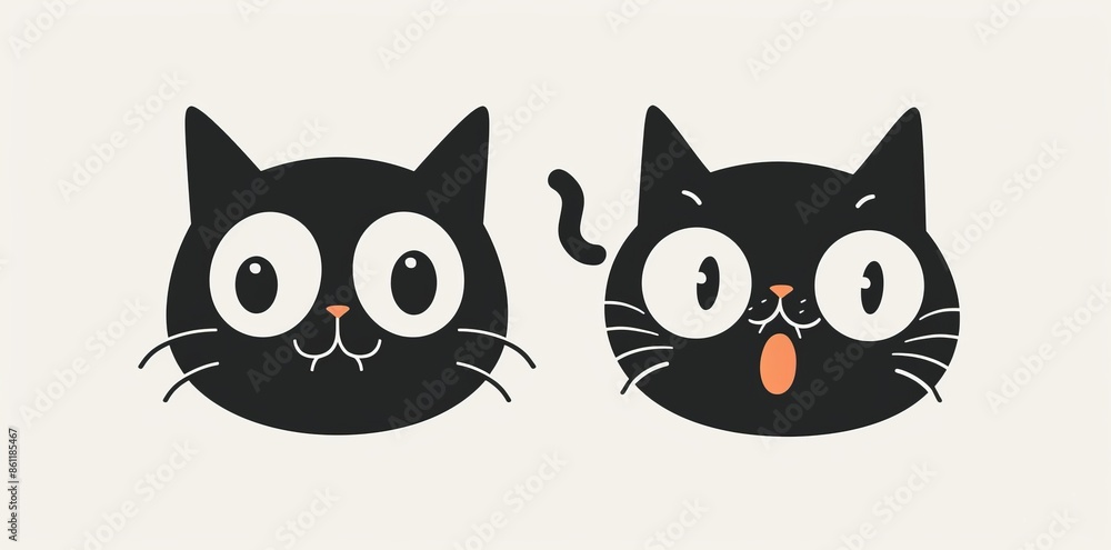 Cat set. Sad angry surprised face head. Black kitten with big eyes. Funny baby cartoon icon. Pink ears, nose, cheek. Flat design. White background. Modern illustration. Cat set. Sad angry surprised face head. Black kitten with big eyes. Funny baby cartoon icon. Pink ears, nose, cheek. Flat design. White background. Modern illustration.
