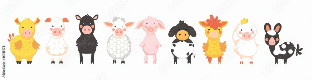 Fototapeta premium A set of farm animals including a pig, a cow, a sheep, a hen, a chicken, and an egg. Cute round head with round dimples. Far-out cartoon characters. Kids education. Flat design. White background.
