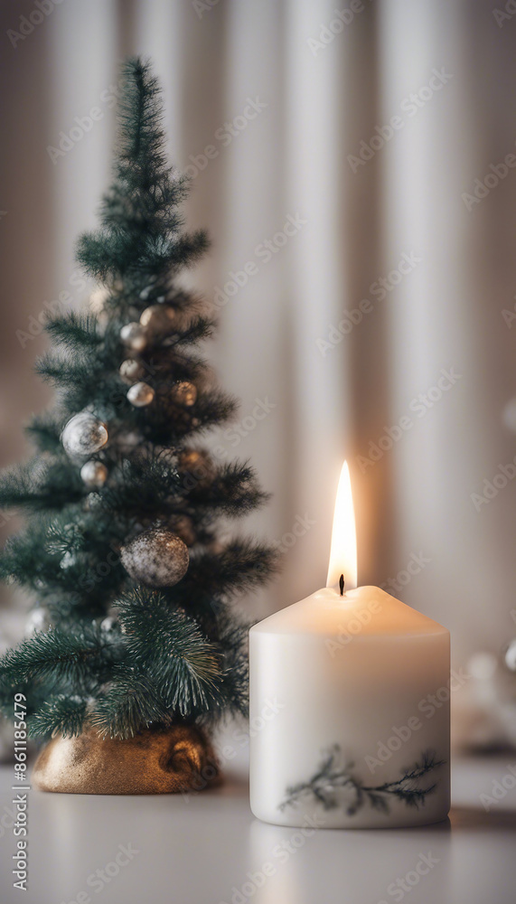 White christmas candle with christmas tree and copy space White christmas candle with christmas tree and copy space
