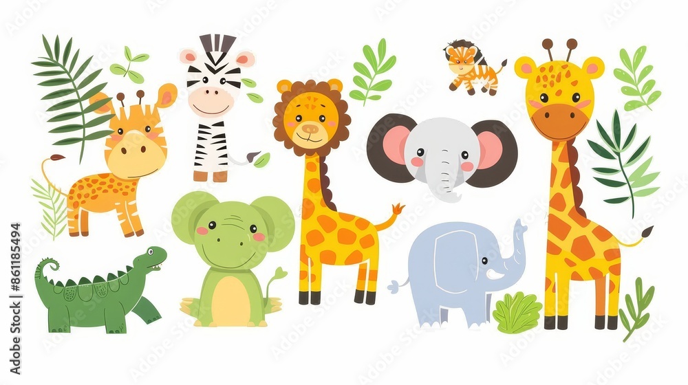 Obraz premium A cute set of African Safari animals having giraffe, iguana, zebra, alligator, crocodile, elephant, cheetah, flamingo, monkey, tiger, toucan on a white background.