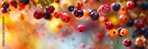 Top-down photo of colorful ripe wild berries falling from a branch against a soft background. Vibrant mix of red, orange, yellow, & blue