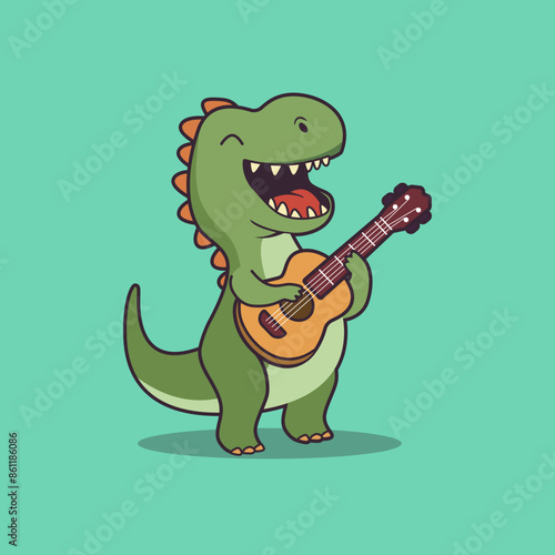 Cute dinosaur playing guitar and singing cartoon vector illustration