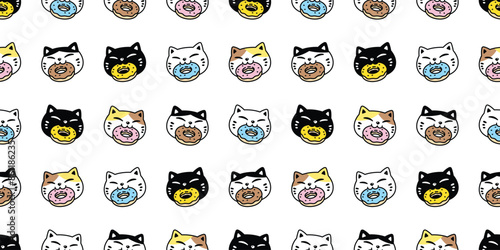 cat seamless pattern kitten eating donut calico neko bakery bake food vector pet cartoon doodle tile background gift wrapping paper repeat wallpaper scarf isolated illustration design