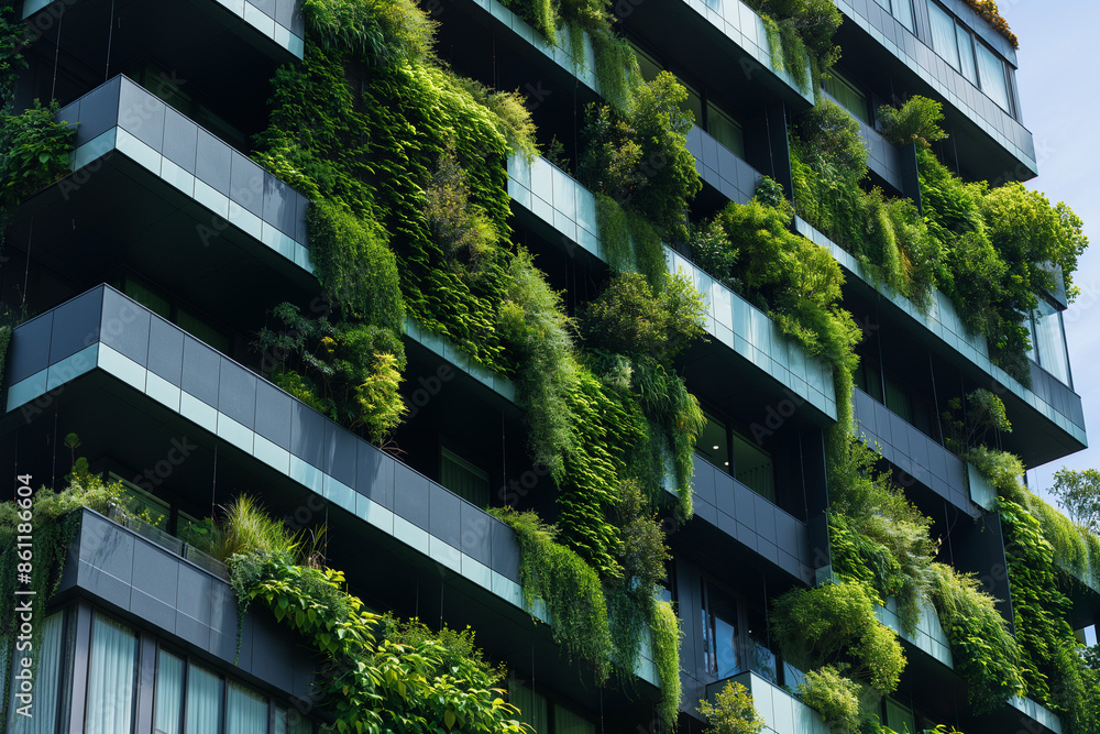 Modern building with lush green plants growing on balconies, creating an urban oasis and a blend of nature with architecture Modern building with lush green plants growing on balconies, creating an urban oasis and a blend of nature with architecture
