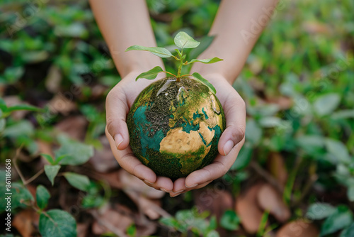 Hands holding a small globe with a plant sprouting from it, symbolizing growth and sustainability in a natural setting