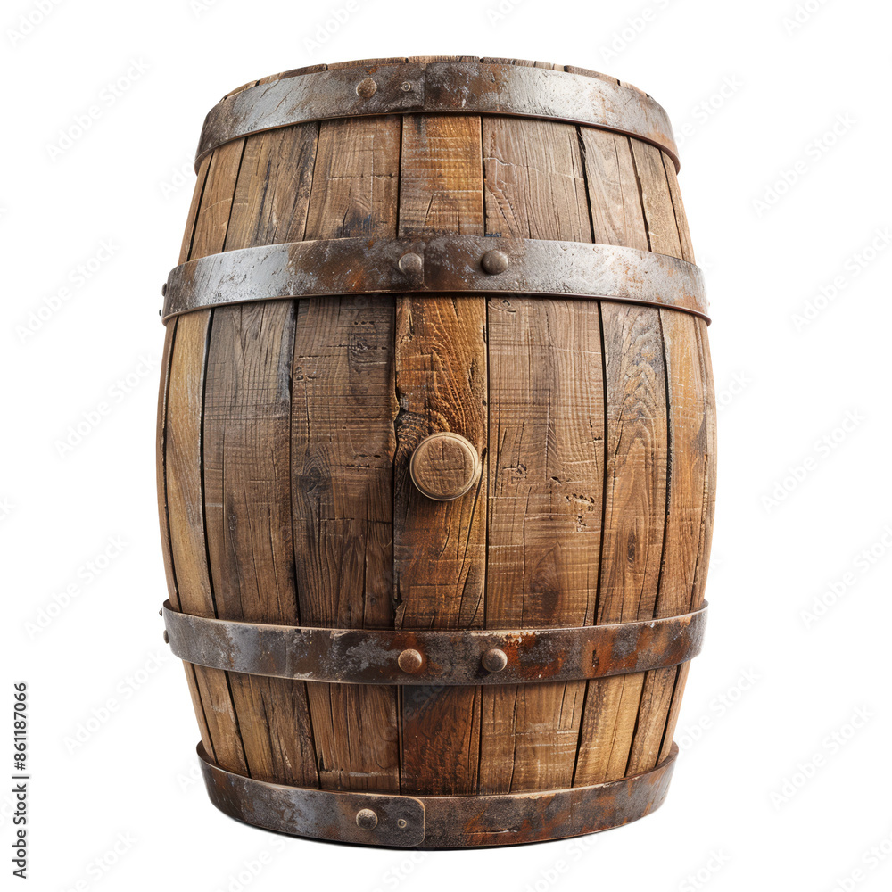 Fototapeta premium old oak barrel aging whiskey, showcasing the intricate wood grain and rustic charm
