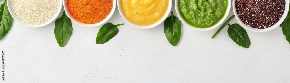 Charming organic baby food frame showcasing a variety of baby cereals and mashed fruits with leafy greens, great for a cozy and nurturing decor on a white background Charming organic baby food frame showcasing a variety of baby cereals and mashed fruits with leafy greens, great for a cozy and nurturing decor on a white background