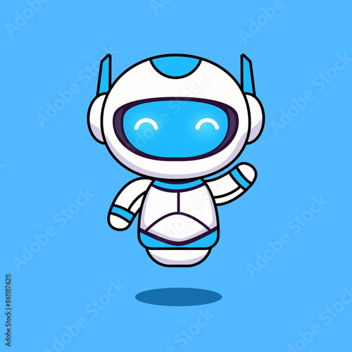Flying white robot waving hand cartoon vector illustration