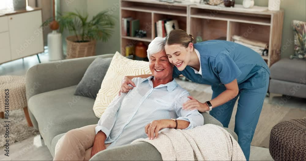 Senior woman, nurse and hug on sofa for comfort, support and happy, care or healthcare on sofa. ADN worker, doctor or caregiver for medical empathy, kindness and nursing home patient in retirement Senior woman, nurse and hug on sofa for comfort, support and happy, care or healthcare on sofa. ADN worker, doctor or caregiver for medical empathy, kindness and nursing home patient in retirement