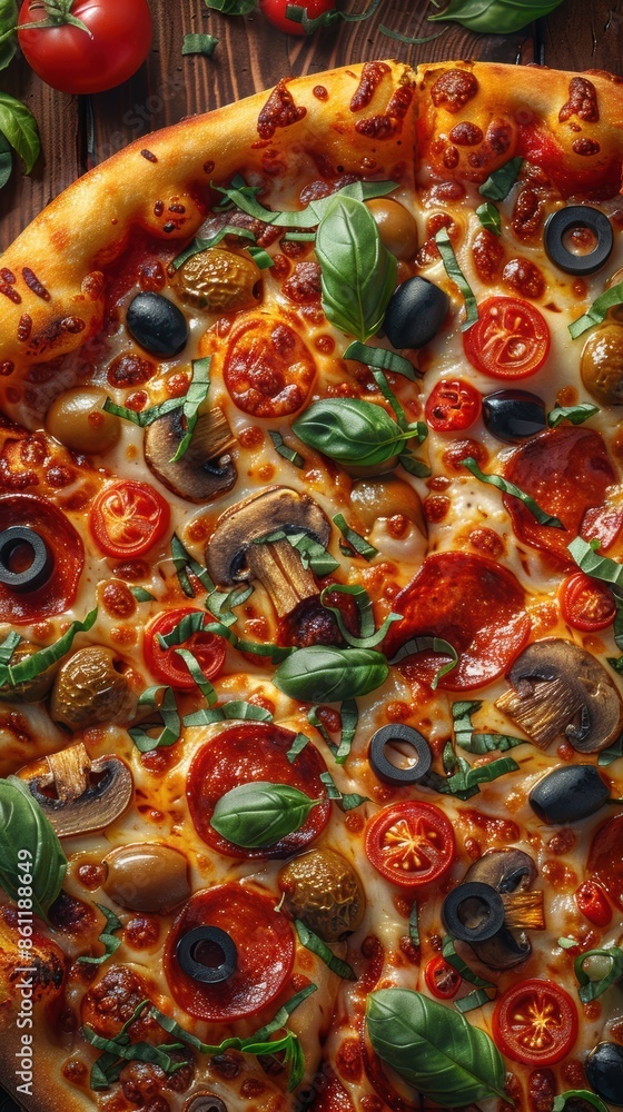 Fototapeta premium Vector image of a delicious pizza with various toppings like pepperoni, mushrooms, olives, and bell peppers.