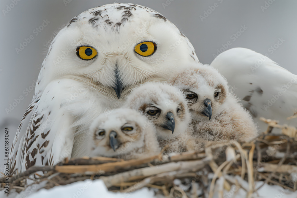 Obraz premium Snowy owl mother protecting three owlets in nest