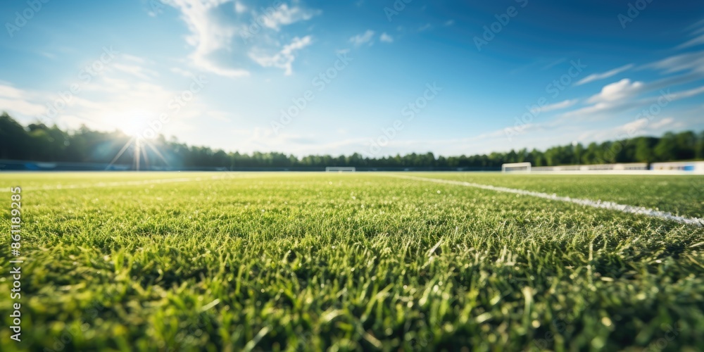 Empty modern football stadium with a blue sky and green grass field, sports banner background Empty modern football stadium with a blue sky and green grass field, sports banner background