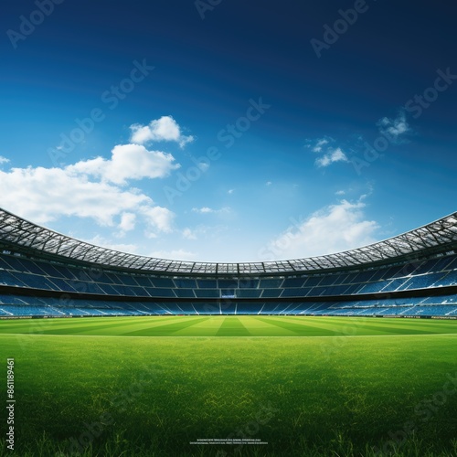Empty modern football stadium with a blue sky and green grass field, sports banner background