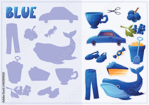 A set of isolated blue elements for children to study colors. Children's book or textbook for preschoolers. Collection of vector cartoon elements. Shadow matching educational game
