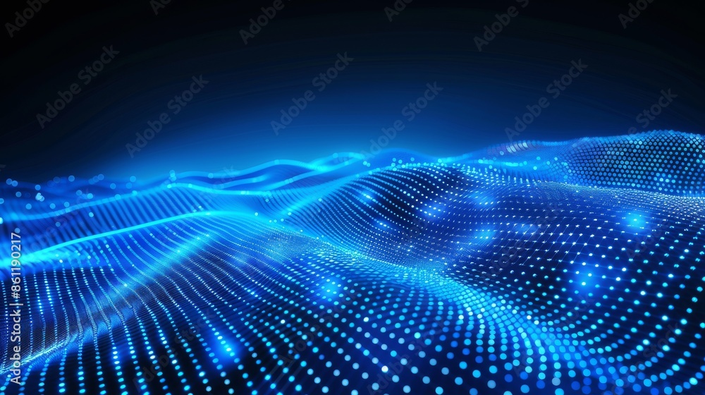 Data technology illustration on a dark background. Wave of particles on a background of connecting dots and lines. Data technology illustration on a dark background. Wave of particles on a background of connecting dots and lines.