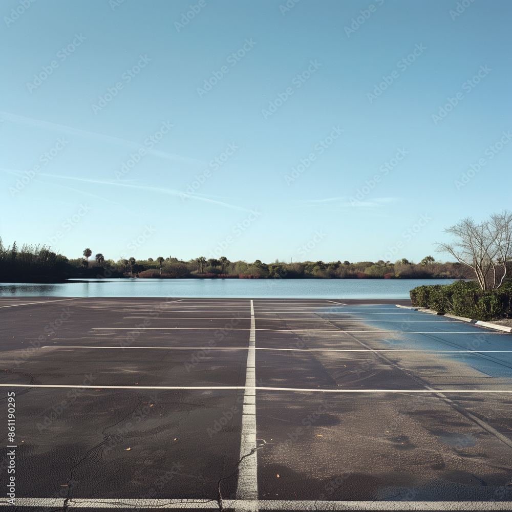 Fototapeta premium Reflect by a Freshly Paved Parking Lot and Meandering River Under Clear Skies