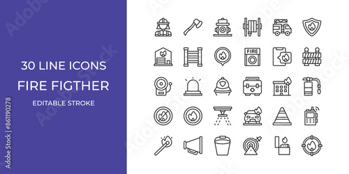 Fire fighter icon set vector illustration stroke editable. fire, car, axe and more