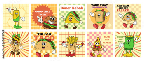Menu fast food. Pizza and burger cartoon characters. Funky groovy sticker. Takeaway fries potato. Happy hamburger. Walking taco retro mascot. Doodle vintage style. Breakfast emoji. Vector cards set