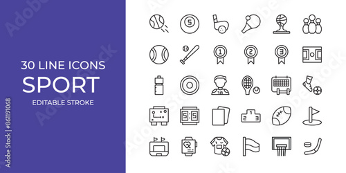 Sport icon set vector illustration stroke editable. tennis, champion, rugby and more