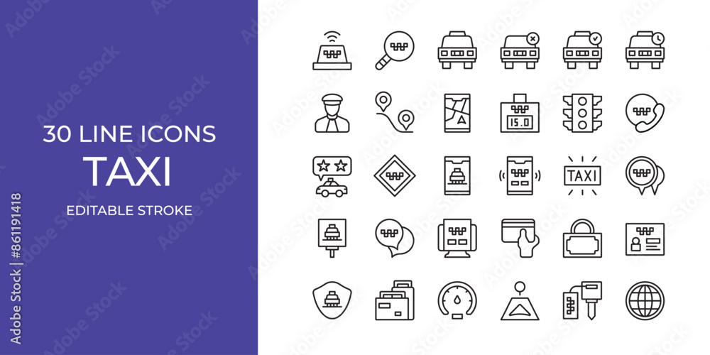 Naklejka premium Taxi icon set vector illustration stroke editable. maps, cars, call center and more