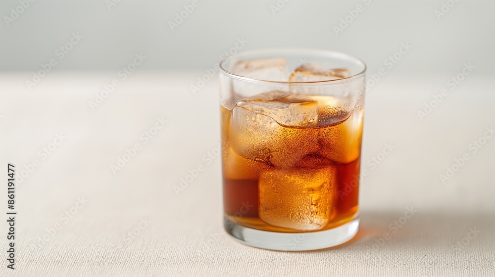 Glass of iced amber beverage on white surface. Glass of iced amber beverage on white surface.