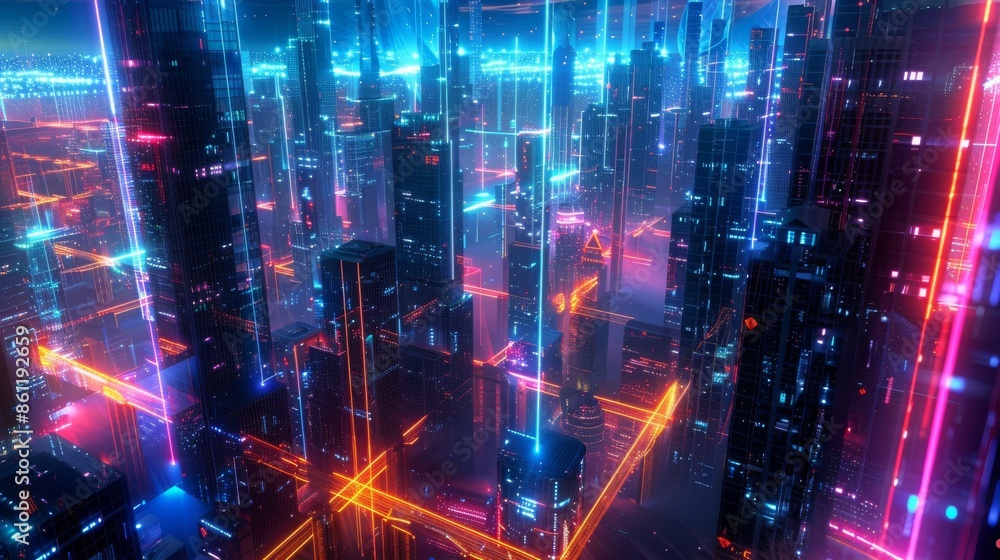 Neon light tubes and glowing circuits decorate a vibrant cityscape Neon light tubes and glowing circuits decorate a vibrant cityscape