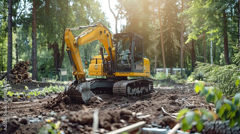 Yellow excavator digging a trench in a forest clearing Yellow excavator digging a trench in a forest clearing