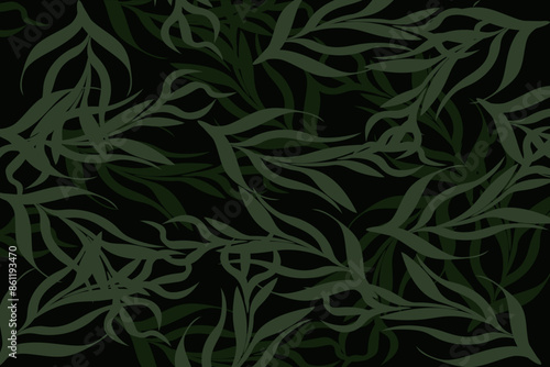 Tropical leaves background template. Flat style nature backdrop. Summer folliage isolated black background. Minimalist vector illustration can used web banner, background, postcard dsign template. 