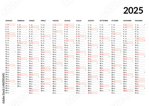 2025 Yearly Calendar - Italian Language, displaying all months from January to December, with days of the week and holidays highlighted, simple and clear design.