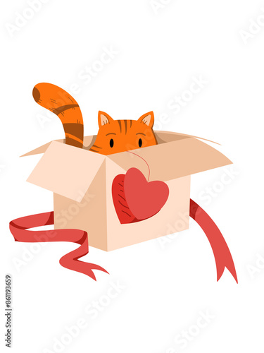 Adorable cat in cardboard present box illustration. Cartoon isolated funny pet hiding in gift box with red heart and ribbon, cute fluffy and amusing animal friend playing