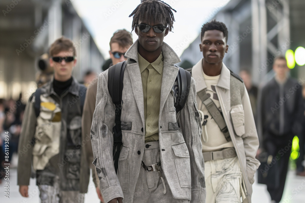 Fototapeta premium Group of male models in stylish, modern outfits walking down the runway