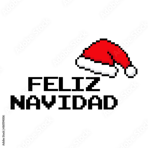 Tiempo de Navidad. Logo con mensaje Feliz Navidad en español con sombrero de Santa Claus estilo arcade con pixels para tarjetas y felicitaciones