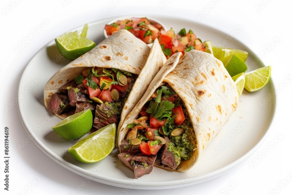 Savory Mexican Burrito with Juicy Skirt Steak, Cilantro Pesto, and Charred Salsa Savory Mexican Burrito with Juicy Skirt Steak, Cilantro Pesto, and Charred Salsa